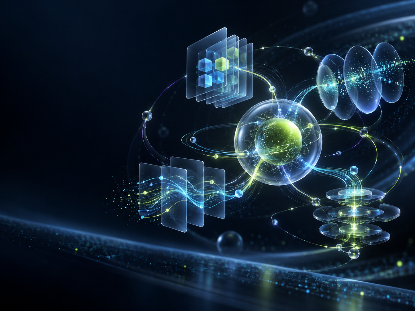 Abstract connected AI systems representing strategy, automation and communication