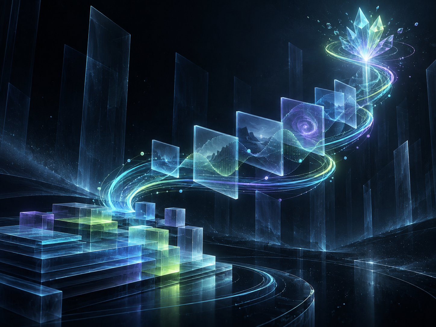 Custom illustration of structured knowledge becoming an upward creative learning journey