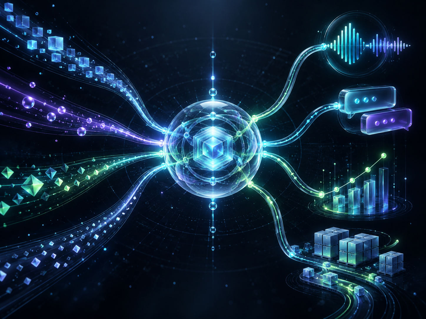 Custom illustration of communication channels converging into an AI orchestration system